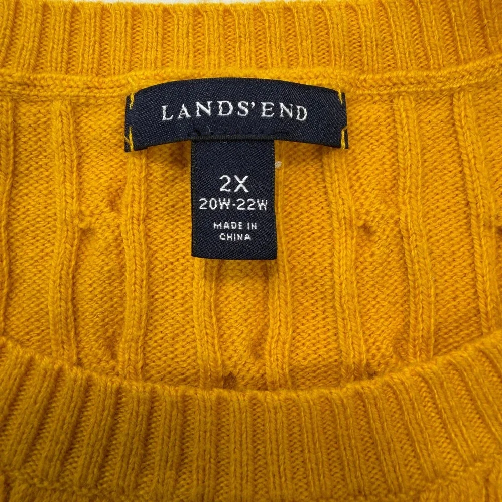 Lands' End Mustard Yellow Cable Knit Crewneck Sweater 2X 20W-22W Wool Blend
